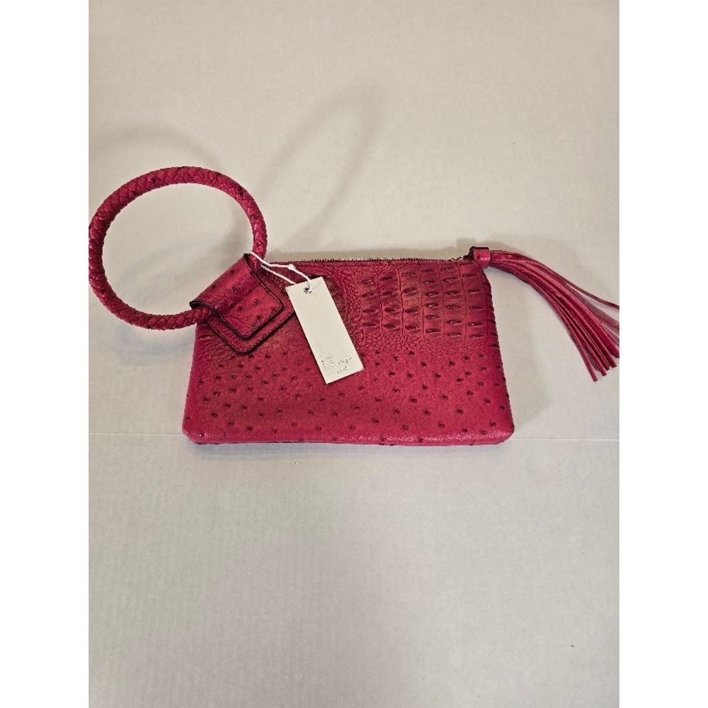 NWT Virago Collection Hot Pink Clutch Wristlet Bag Faux‎ Ostrich Croc Tassel